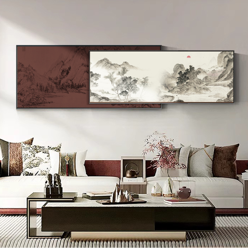新中式客厅沙发背景墙装饰画千里江山图叠加挂画国画大气山水壁画图片