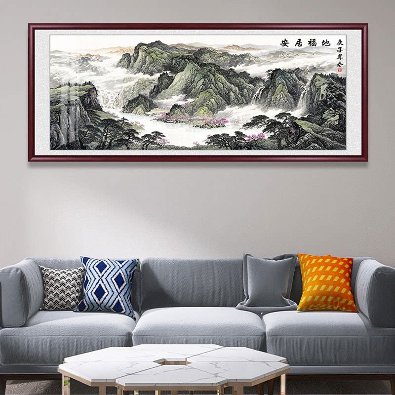 客厅新中式山水画纯手工绫布挂画