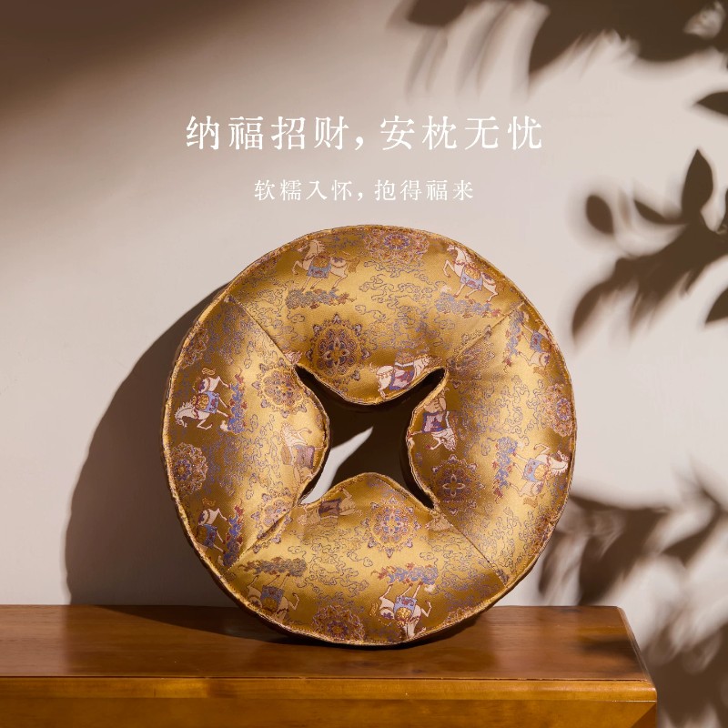 新中式铜钱垫圆形椅垫防滑实木藤椅垫子家用红木刺绣坐垫圈椅座垫