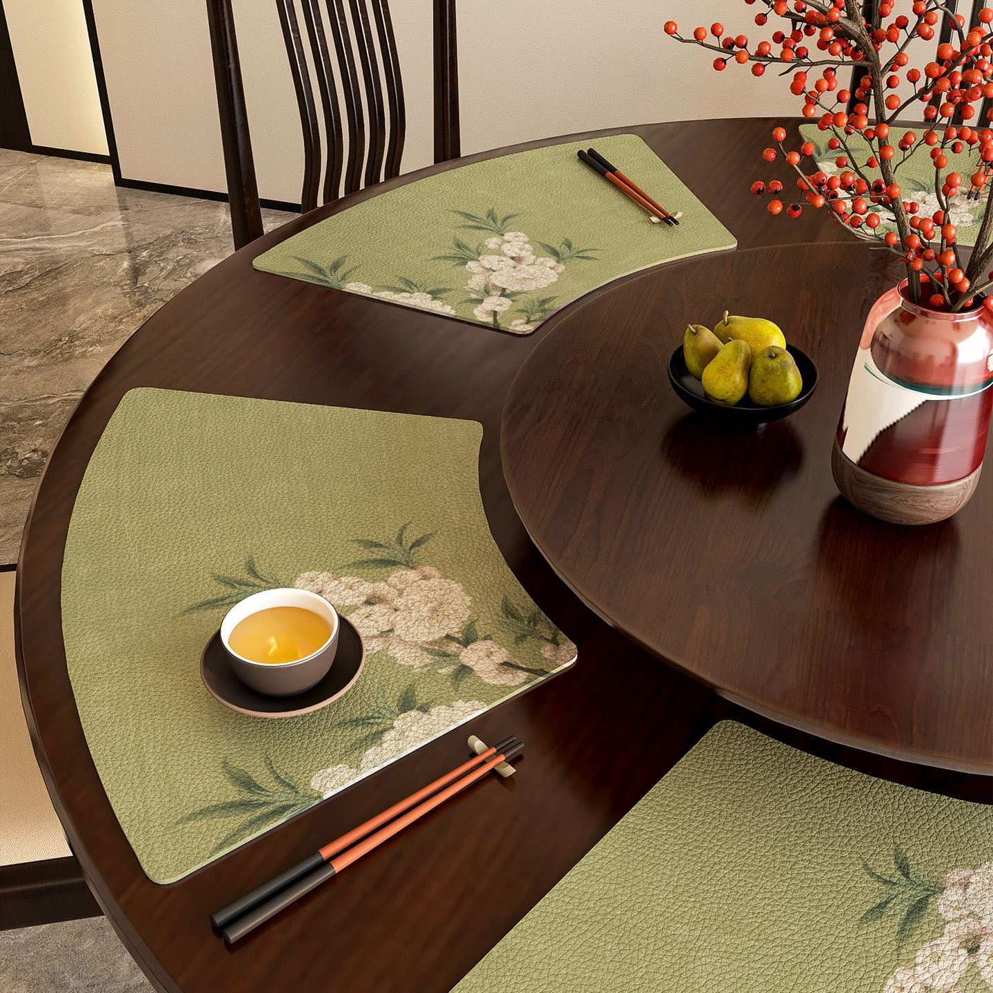 新中式圆桌扇形餐垫高级感防水防油餐桌垫免洗隔热垫餐台垫餐具垫