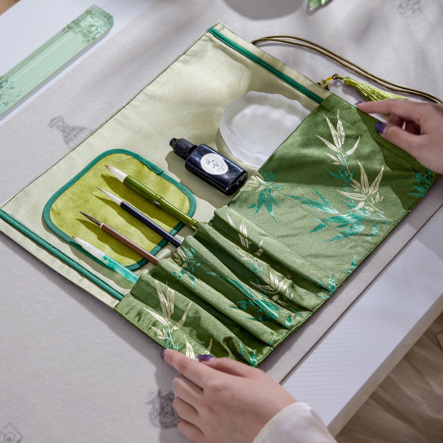 新中式文房竹锦笔帘毛笔专用收纳袋便携竹制织锦书法小容量古风