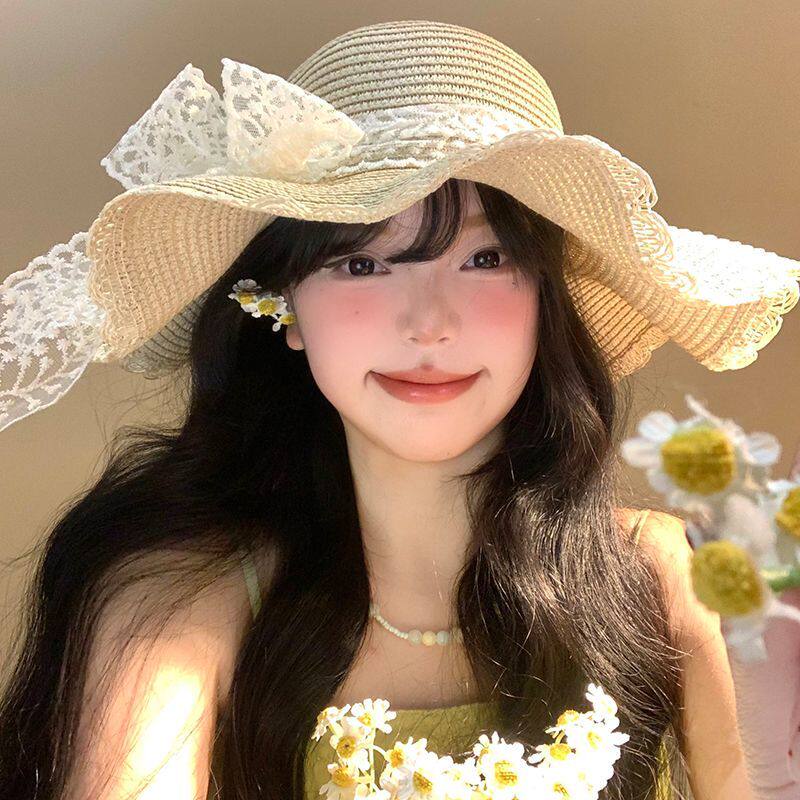 帽子大头围60以上草帽法式蕾丝蝴蝶结草帽女夏海边沙滩波浪边大帽