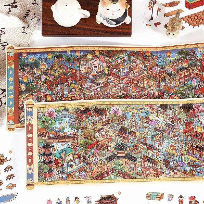 清明上河图造景贴纸古风唐朝盛世画卷造景贴纸带定位线高难度卷轴