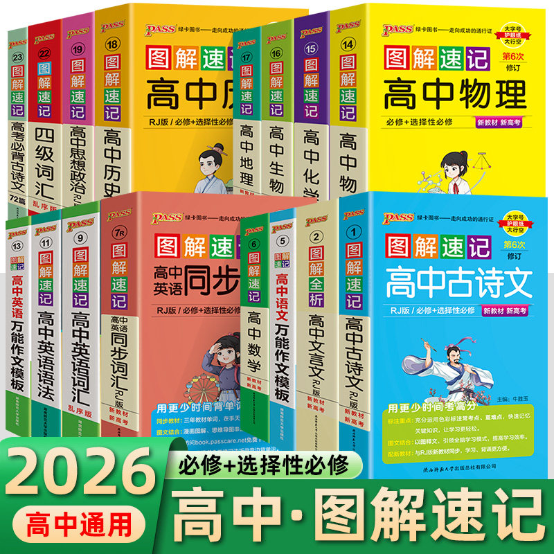 pass绿卡图书2026版图解速记高中英语词汇乱序版3500词高中英语短语与句型语法考频版高中文言文语文万能作文模板四级词汇万能素材