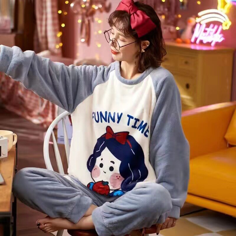 法兰绒睡衣女秋冬季两件套韩版甜美可爱瑚绒加厚保暖外穿家居服