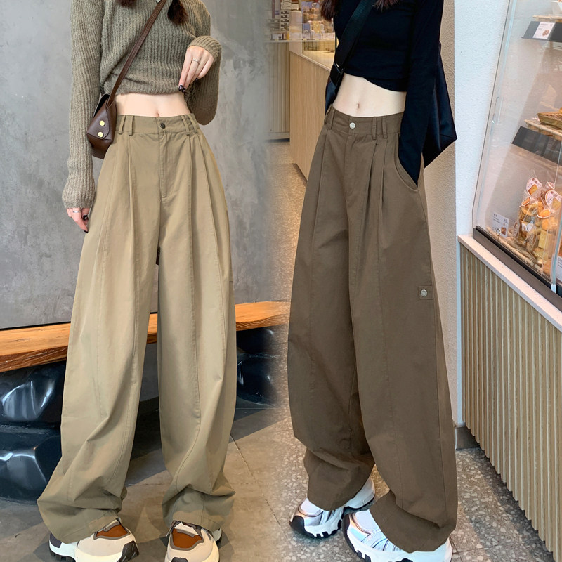 现货25春高个子棉抗皱洗水休闲工装裤女高腰直筒老钱风阔腿长裤