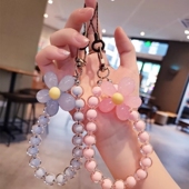 手机挂绳短款 手腕带 手工串多彩圆珠挂件ins花朵挂饰防丢吊绳女款