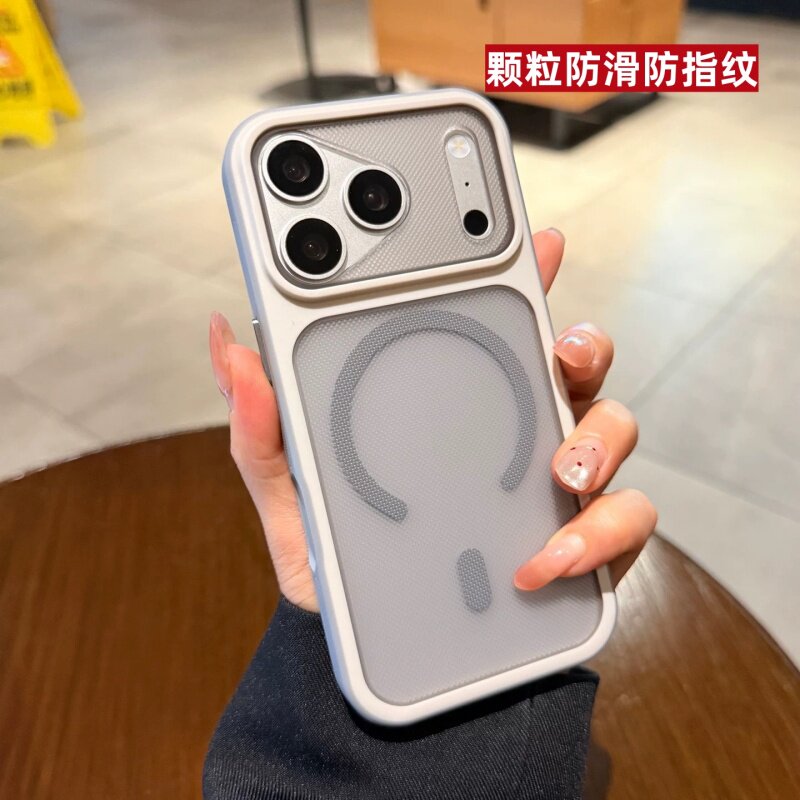颗粒防滑半透磨砂磁吸适用苹果17ProMax手机壳iPhone16plus防指纹15pro全包超薄14防摔13秒变大视窗大孔镜框