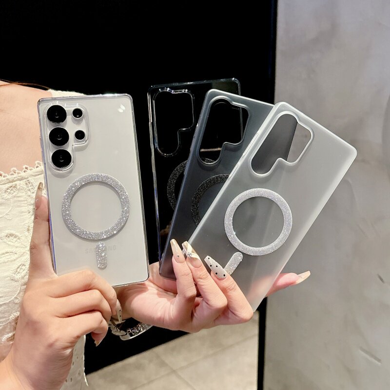 实物超美高级感闪粉磁吸充电适用三星GalaxyS25手机壳黑色高透抗指纹S24Ultra不易发黄s23保护套s22硬大孔