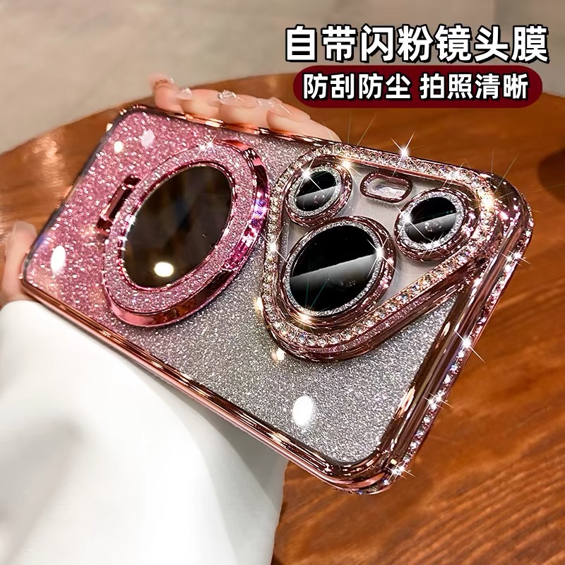 奢华闪粉水钻适用华为Pura70Pro手机壳带镜头膜70Ultra镜子支架高级感mate60系列50Pro+硅胶全包防摔软壳闪卡