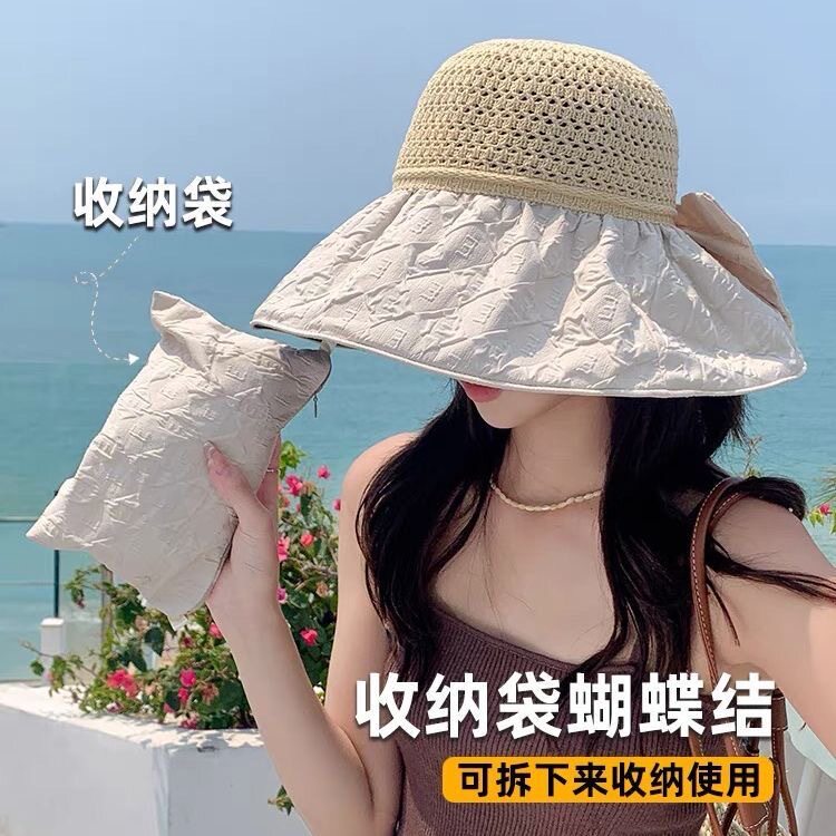 新款黑胶蝴蝶结遮阳帽女镂空草帽
