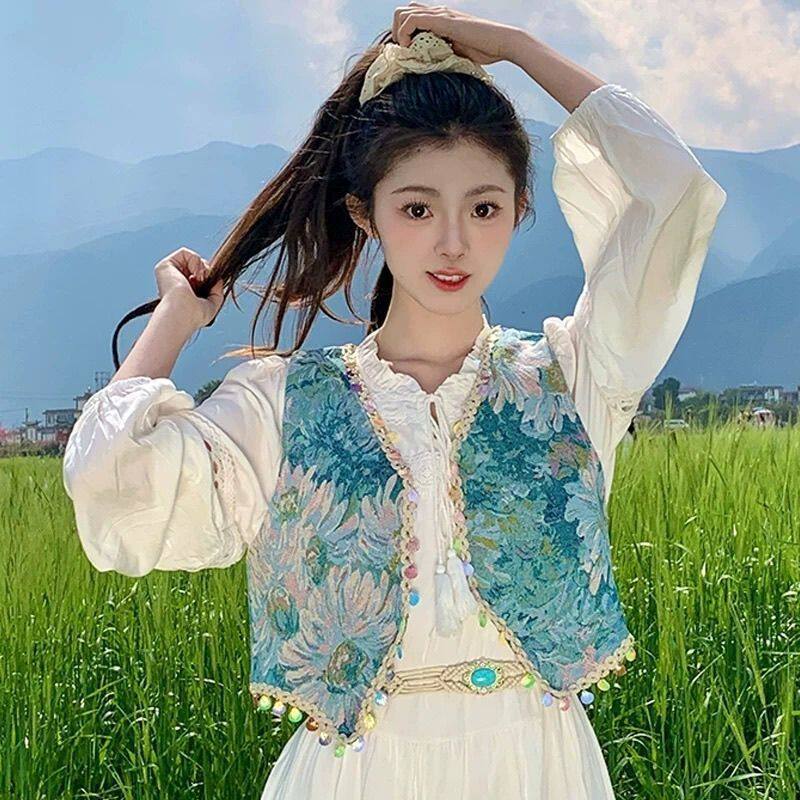 新疆沙漠草原穿搭复古民族风油画刺绣提花流苏马甲背心女森系坎肩