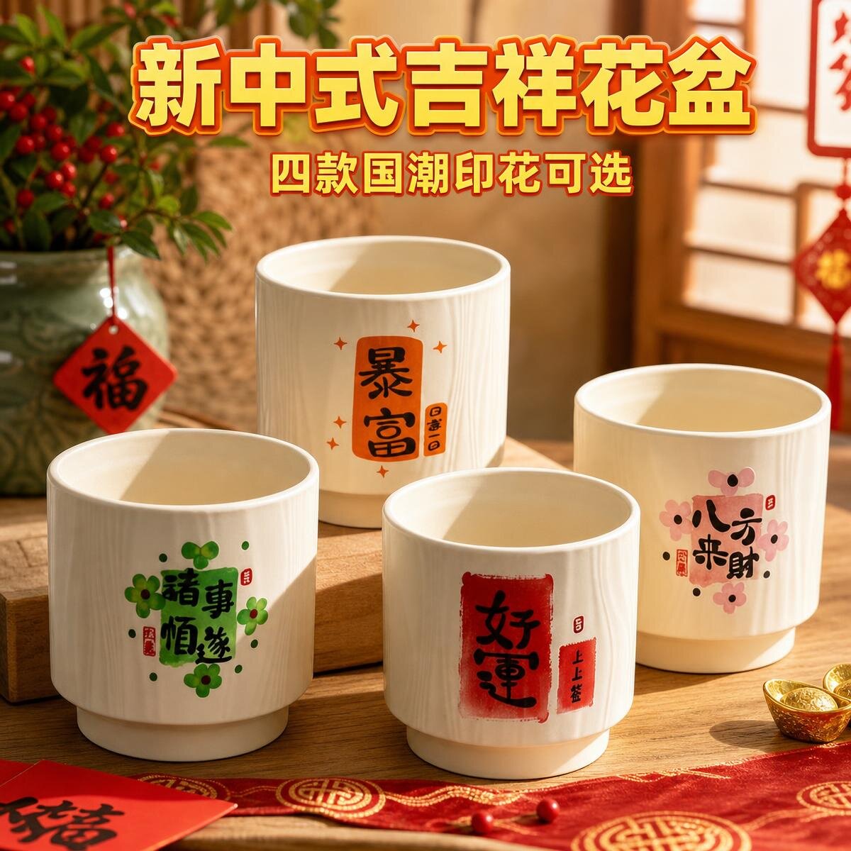 中式吉祥风陶瓷圆口透气多肉花盆
