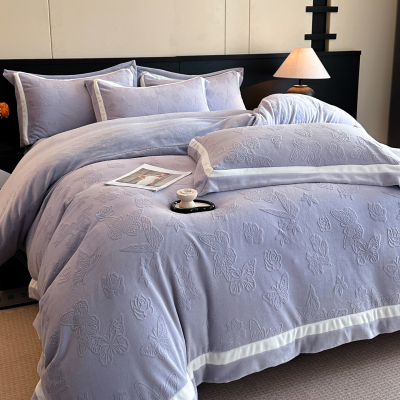 冬季雕花绒牛奶绒床上四件套高级紫色蝴蝶珊瑚绒床单保暖被套床笠