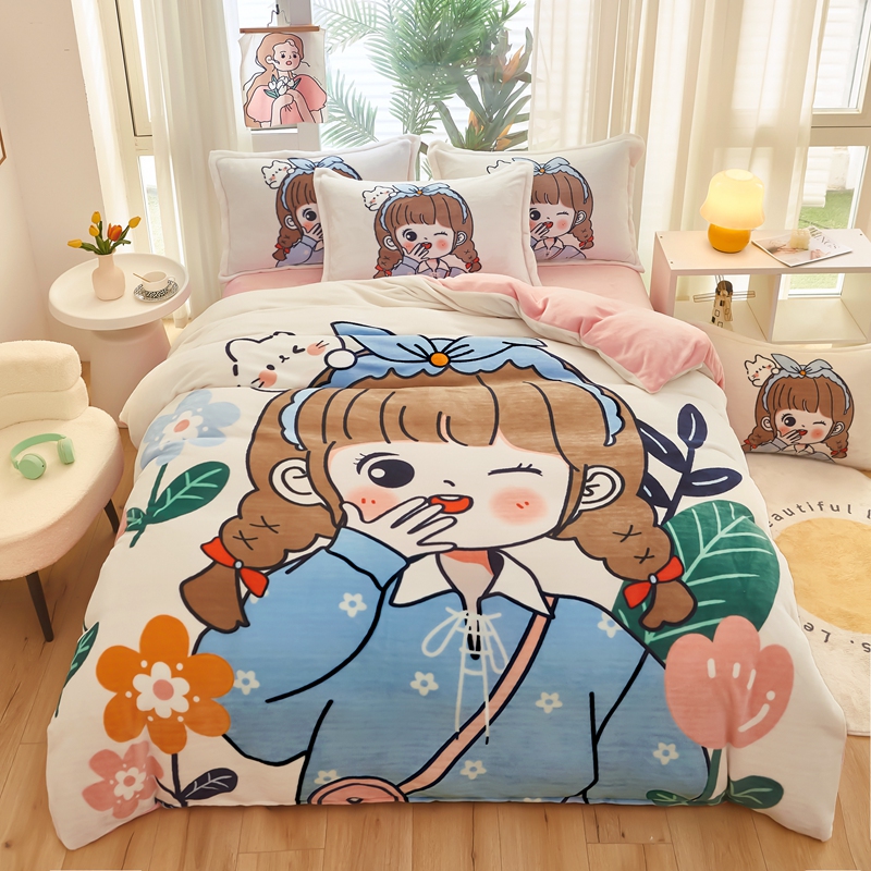加厚卡通牛奶绒四件套法兰珊瑚绒被套床单床笠小女孩儿童动漫冬暖