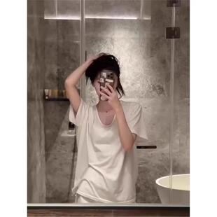 白色u领短袖 美式 T恤女夏日松弛感慵懒风宽松百搭低领正肩体恤上衣