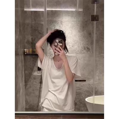 美式白色u领短袖T恤女夏
