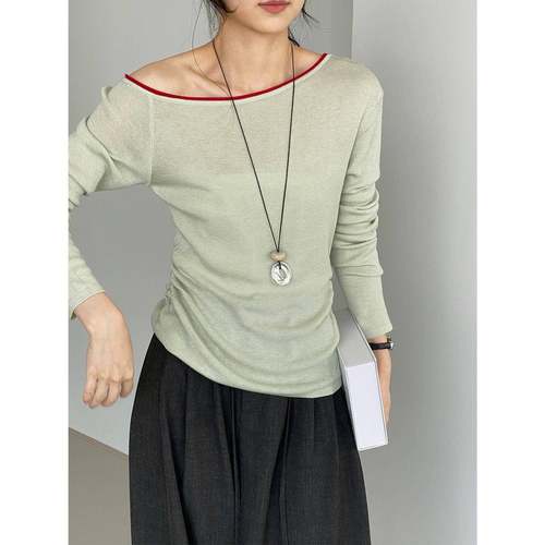 那末早秋6羊毛斜肩撞色针织衫女慵懒风温柔修身百搭套头上衣Y1219