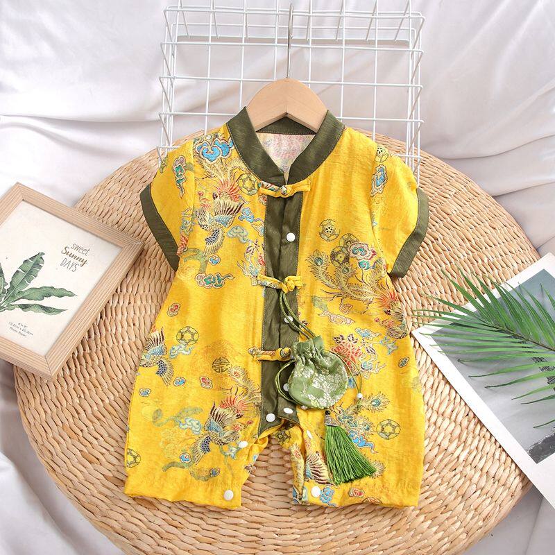 婴儿龙袍婴儿连体衣百天周岁礼服宝宝衣服哈衣夏季薄款中国风短袖
