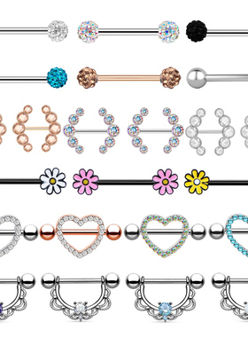 2pcs Titanium Nipple Piercing Heart Barbell 14G Opal Nipple