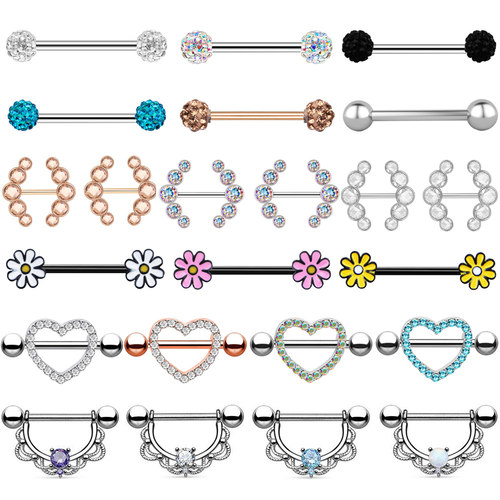 2pcs Titanium Nipple Piercing Heart Barbell 14G Opal Nipple