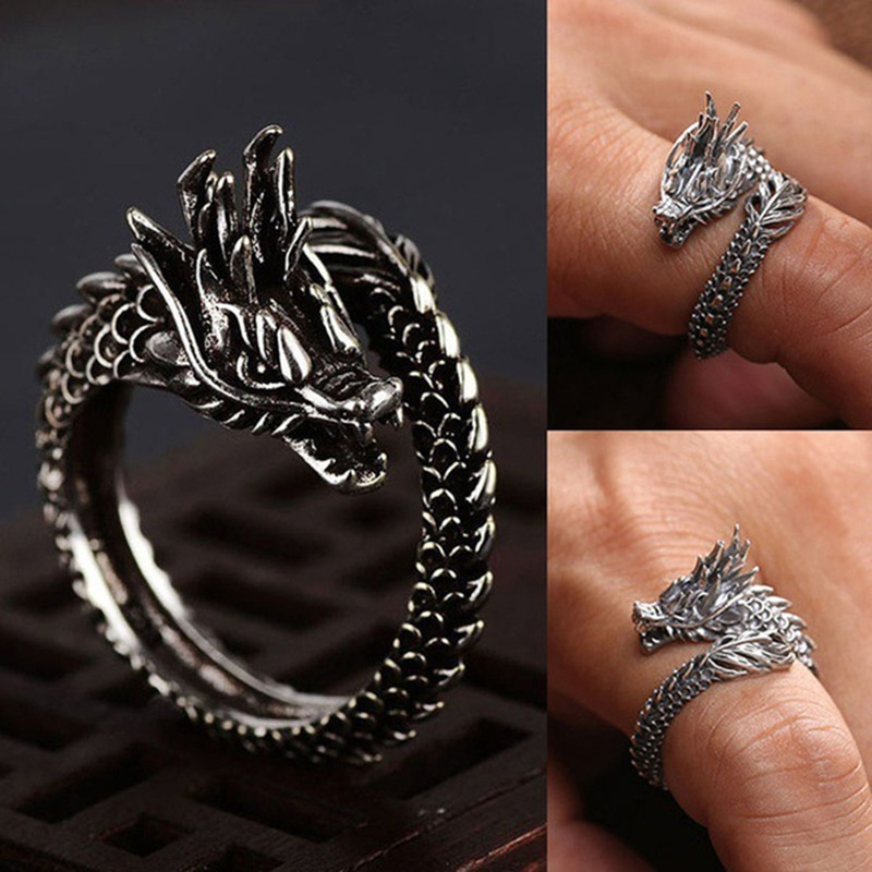 Adjustable Vintage Punk Dragon Ring Men Chunky Copper Alloy