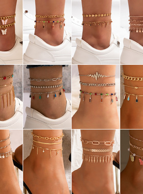 2023 Tocona Layered Gold Shell Pendant Chain Ankle Bracelet