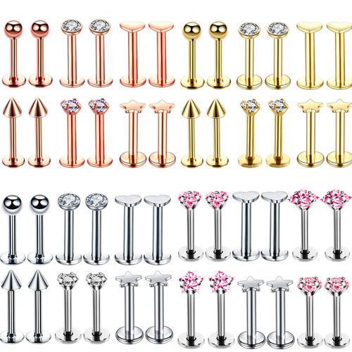 12PC Crystal Labret Piercing Set 16G Heart Tragus Piercing
