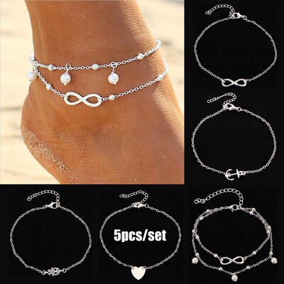 5Pcs Retro Pearl Heart Infinity Ankle Anklet Bracelet Set B