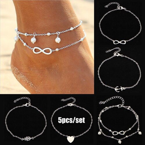 5Pcs Retro Pearl Heart Infinity Ankle Anklet Bracelet Set B