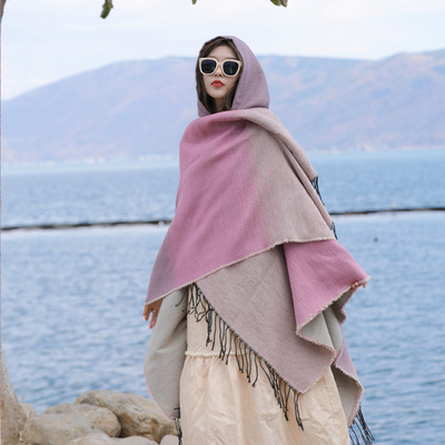 渐变色仿羊绒围巾加厚民族风斗篷