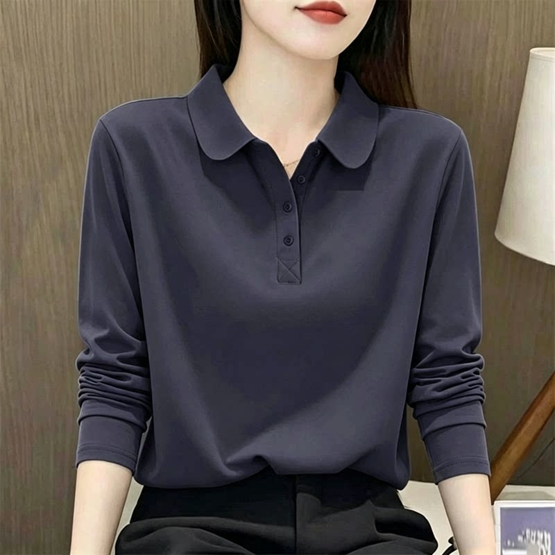 纯棉长袖女中年妈妈装2026春秋新款时尚宽松翻领减龄纯色简约上衣