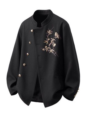 国风竹子刺绣M-5XL大码95%涤纶5%氨纶中式西服XF78309特P75控128