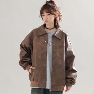 2026年春季新款男款潮牌翻领皮衣男士时尚百搭宽松休闲外套