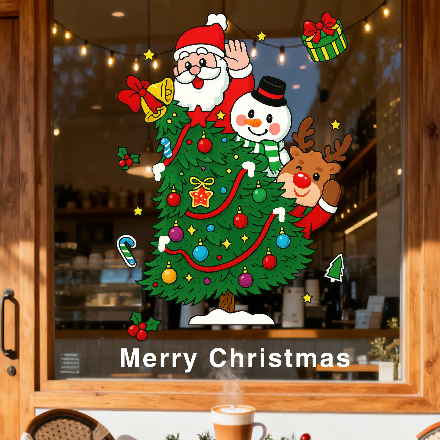 圣诞老人雪人麋鹿卡通贴纸玻璃门窗装饰店铺圣诞节活动布置静电贴