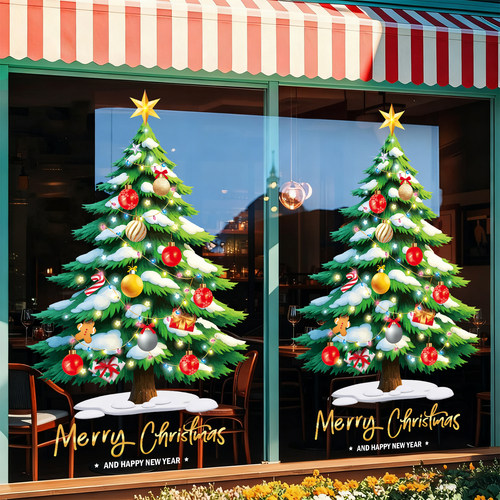 新款圣诞节装饰窗贴圣诞树玻璃静电贴纸窗花场景布置店铺门贴装扮