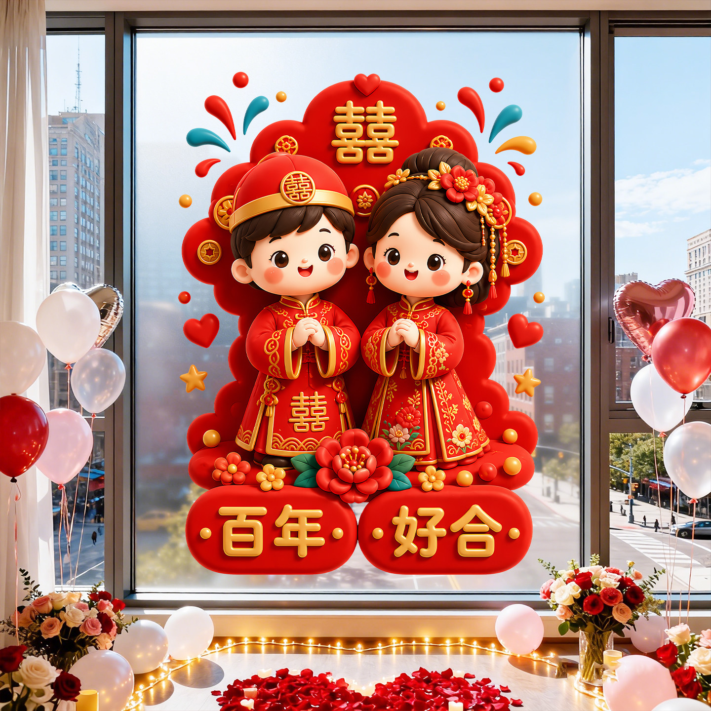 结婚喜字娃娃窗贴装饰百年好合婚房卧室客厅玻璃氛围布置静电贴纸