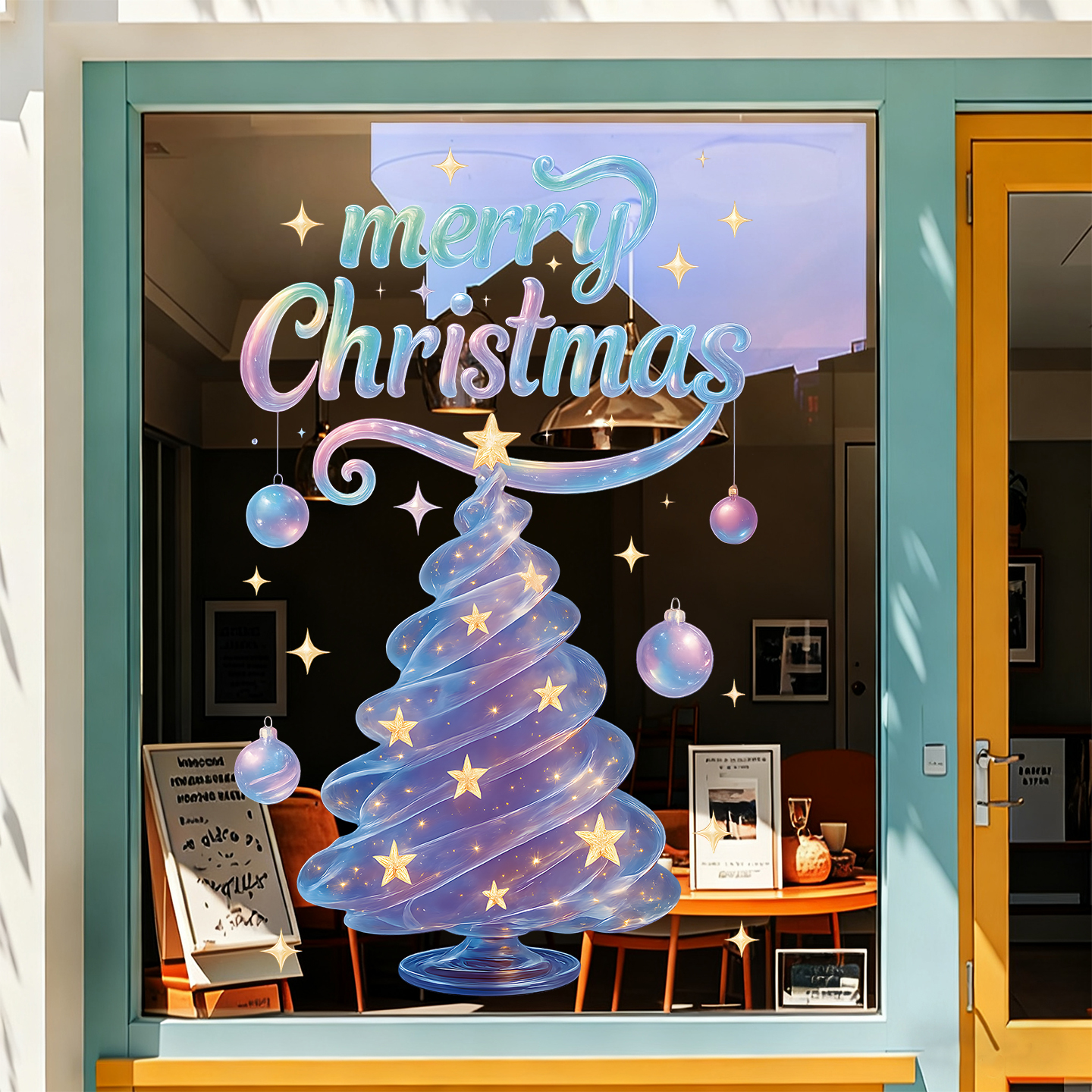 圣诞节装饰品紫色圣诞树窗花商场店铺橱窗场景布置玻璃门静电贴纸