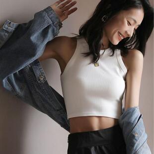 网红短款 设计感外穿上衣潮小 黑色打底螺纹吊带背心女夏季 内搭无袖