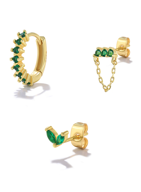 2023 3pcs/set Pendientes Brincos Green Zircon Stud Earring