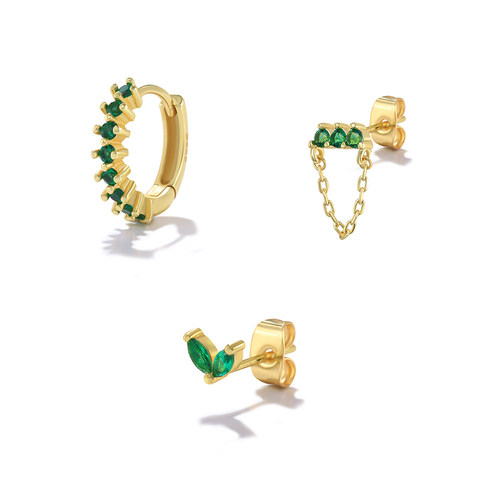 2023 3pcs/set Pendientes Brincos Green Zircon Stud Earring