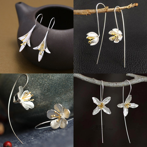 925 sterling silver Long Flower Earrings For Women Elegant