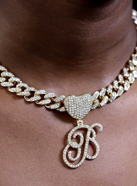 Hip Hop Unisex Bling A-Z Cursive Heart Letters Pendant