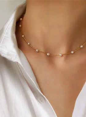Beads Women's Neck Chain Kpop Pearl Choker Necklace Gold