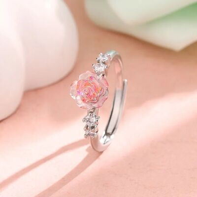 Silver Color Pink Zircon Rose Flower Adjustable Rings for
