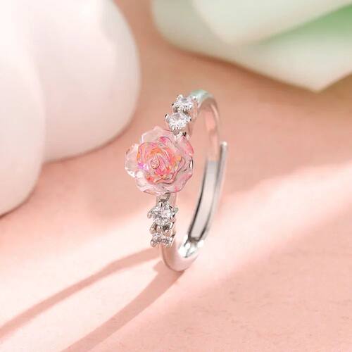 Silver Color Pink Zircon Rose Flower Adjustable Rings for