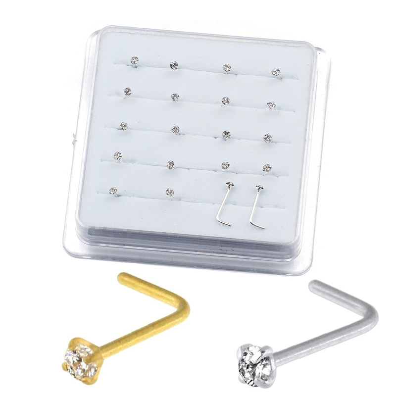 20PCS/Box  Sterling  L Shape Nose Stud Ring 2mm Clear