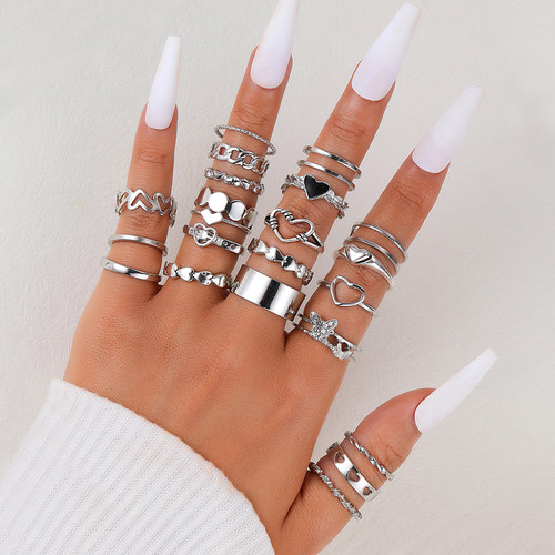 Vintage Silver Color Heart Butterfly Rings Set for Women
