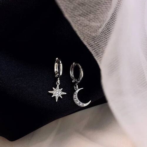 Sterling CZ Star Moon Asymmetric Hoop Earrings for Women