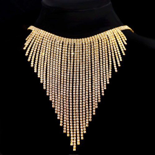 Bling Full Rhinestone Long Tassel Chain Choker Collar